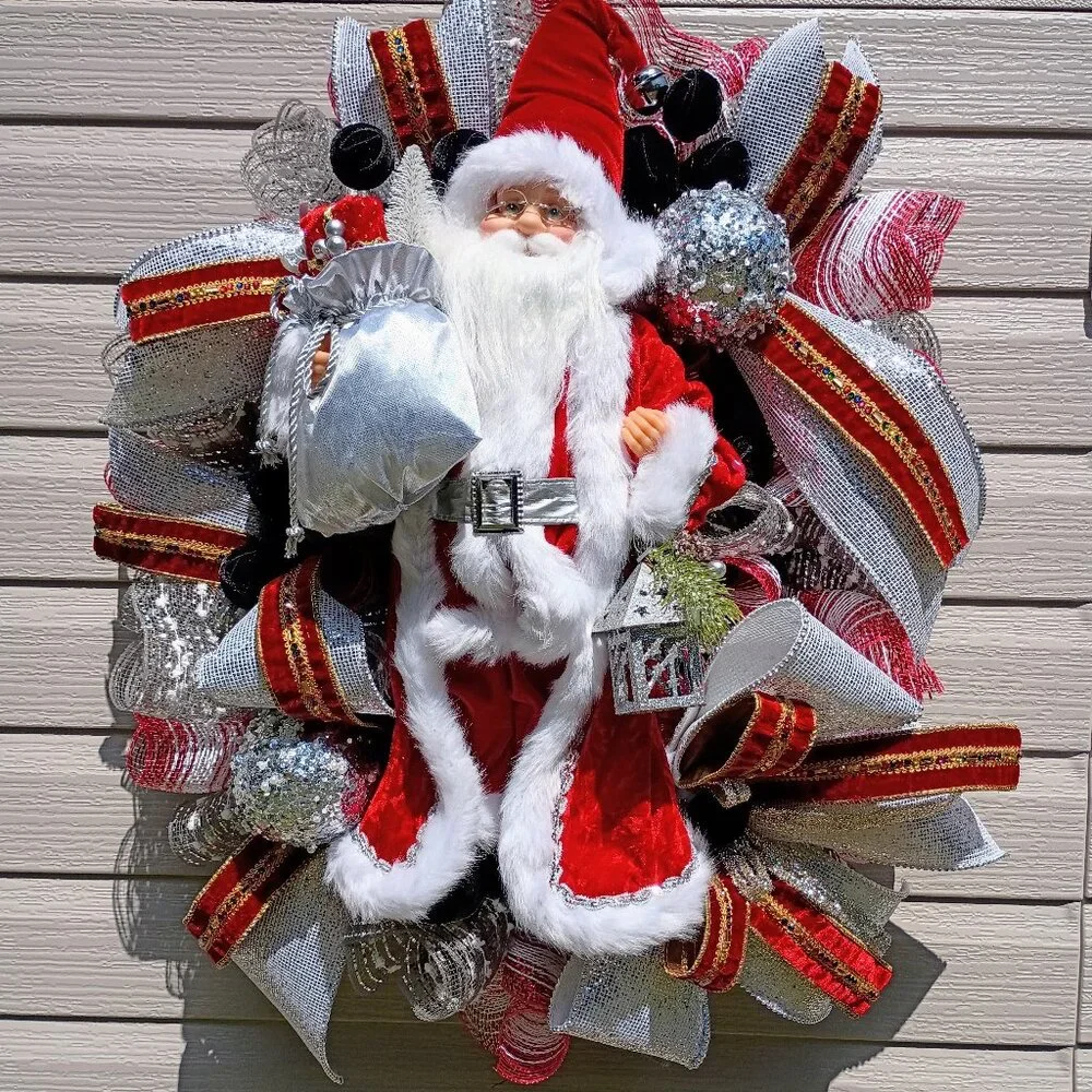 Santa Christmas Wreath, Deluxe Christmas Wreath, Silver Red Mesh Wreath